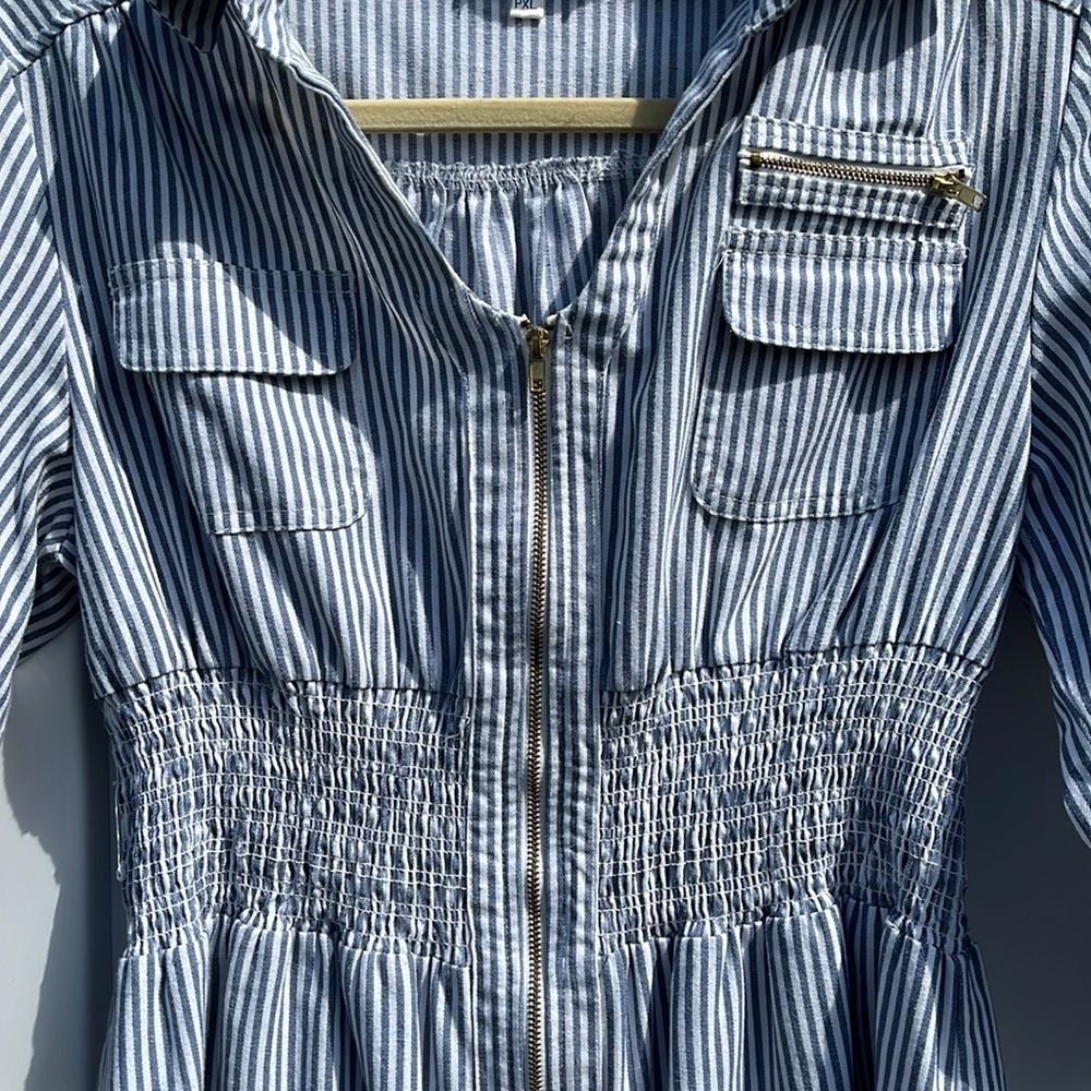 Striped Blue and White Shirt Dress - Picture 4 of 8